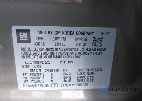 2022 Chevrolet Trax Awd Lt from USA, damaged, VIN KL7CJPSM6NB529237